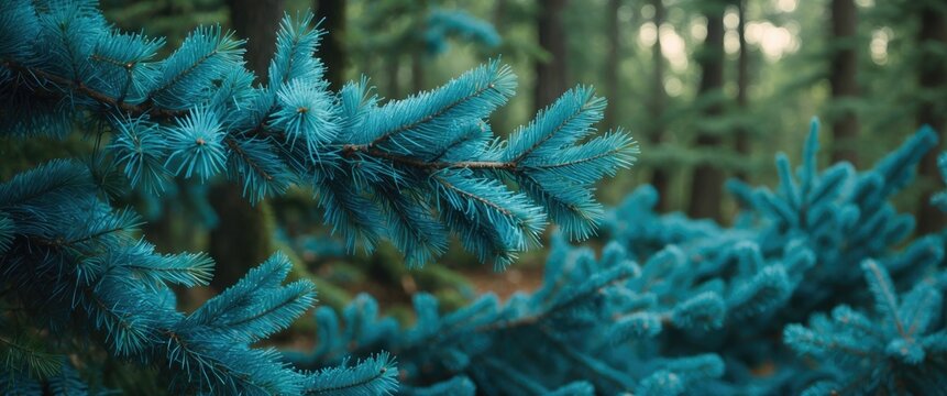 Lush branches of blue evergreen tree with needle-like foliage creating a captivating textured backdrop in a tranquil forest setting.