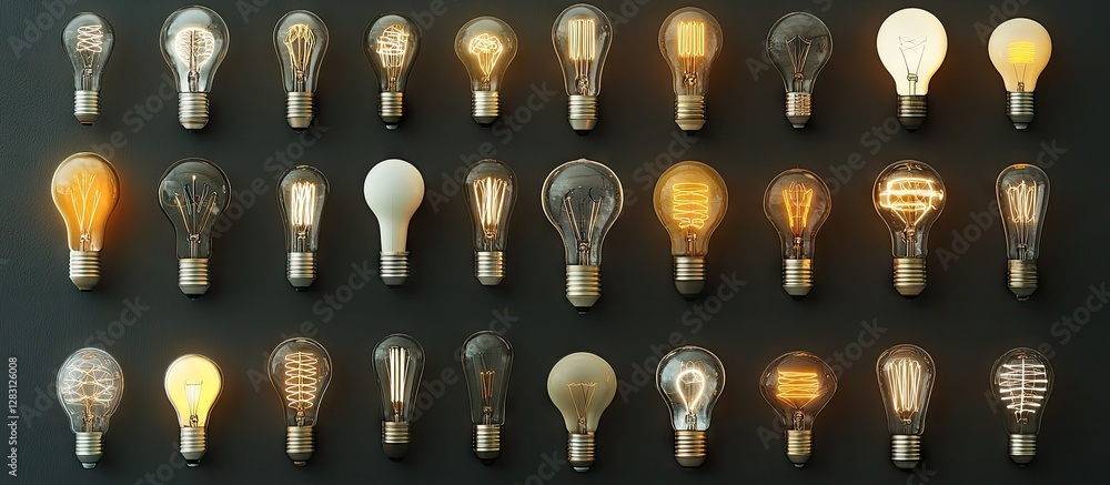 Leinwandbilder Diverse assortment of illuminated light bulbs in various designs and sizes arranged on a dark backdrop showcasing textures and glow variations