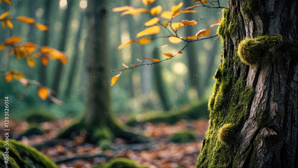 Poster moss covered tree trunk in a sunlit forest with autumn foliage and soft focus background depicting n