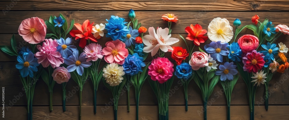 Aufkleber vibrant artificial foam flowers arranged on a rustic wooden background creating a colorful and cheer