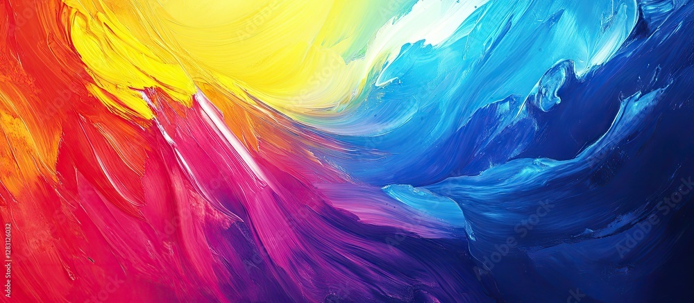 Poster Vibrant digital spectrum featuring dynamic swirls of red, yellow, blue, and purple tones creating an engaging abstract composition
