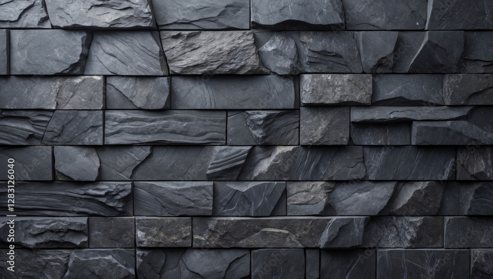 Poster dark textured stone wall background in varying sizes and shapes of slate and granite stones arranged