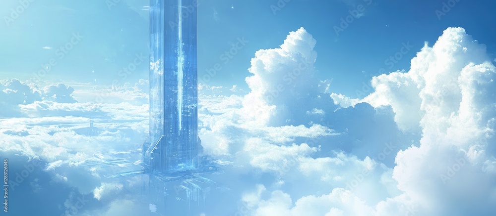 Poster futuristic transparent tower rising through bright white clouds against a serene blue sky creating a