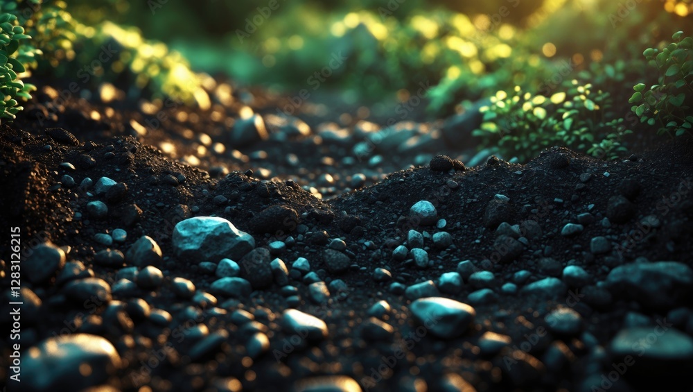 Poster close-up view of textured soil with pebbles and small plants illuminated by soft sunlight in a natur