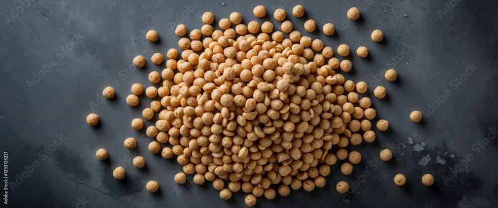 Poster pile of small beige spherical food items on a dark surface creating a textured background