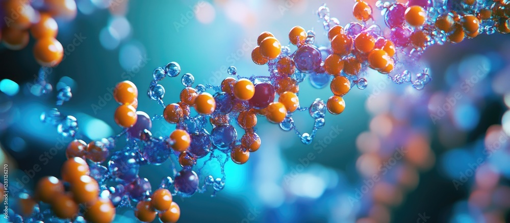 Poster Close up view of colorful molecules in a laboratory setting with vibrant blue and orange tones representing protein synthesis and purification processes