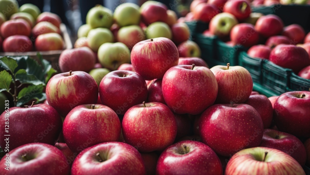 Poster vibrant display of fresh red apples at a market highlighting their rich color and appealing texture 