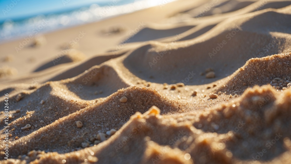 Aufkleber close-up view of sandy beach texture with soft ripples and shallow depth of field under natural sunl