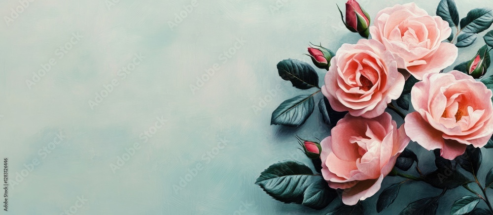 Poster floral background with soft blue tones features elegant pink roses in the top right corner, creating