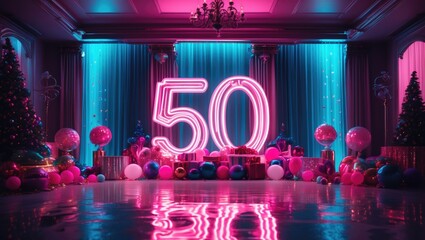 Vibrant neon 50th birthday celebration scene with decorations, colorful balloons, and festive lighting for a memorable milestone event