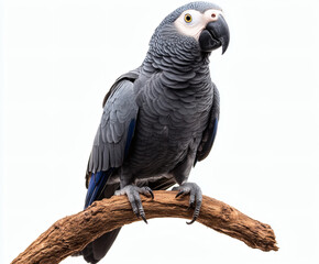 Obraz premium African grey parrot perched on branch in chaotic environment nature photography close-up
