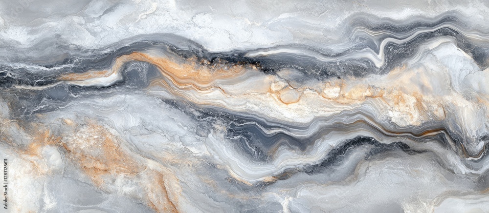 Fototapete abstract fluid marble texture in gray, white, and subtle gold tones with wavy patterns, creating an 
