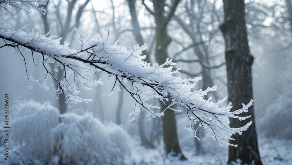 Poster frost-covered branches in a serene winter forest creating a mystical atmosphere with soft white snow