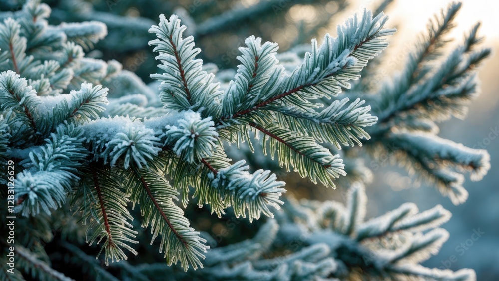 Poster frosted evergreen tree branches with shimmering ice crystals and soft sunlight in the background.