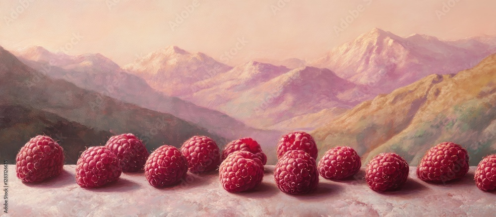 Poster Ripe raspberries positioned in a row on a textured surface with a pastel pink backdrop and soft mountain landscape in the background.