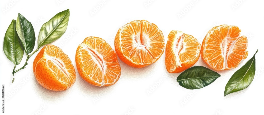 Poster top down view of vibrant tangerine slices arranged in a row with fresh green leaves on a bright whit