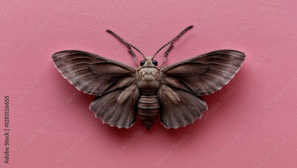Poster realistic close-up of a moth with detailed wing patterns on a pink background showcasing the insect'