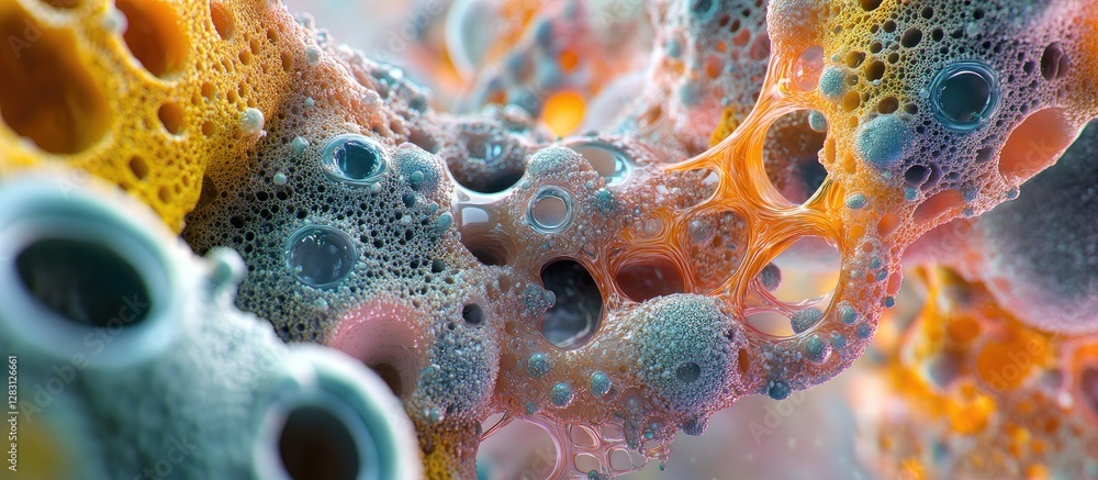Poster detailed close-up of colorful nanotechnology structure featuring blue, orange, and purple bubbles de