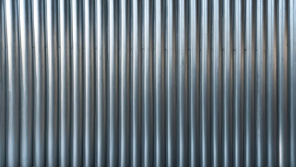 Obraz premium Metallic corrugated wall texture with vertical lines in silver and light blue tones industrial background design