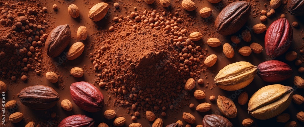 Poster cocoa beans cocoa powder and almonds arranged on a dark wooden surface displaying various textures a