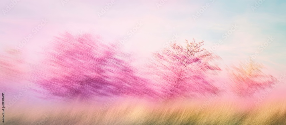 Aufkleber soft pastel colors blend in an abstract landscape featuring blurred pink trees on the left, creating