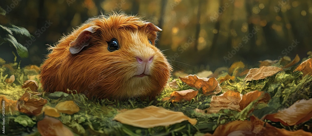 Poster cute ginger guinea pig resting among fallen leaves in a vibrant green forest with soft sunlight filt