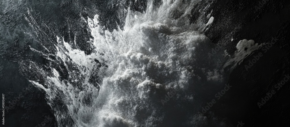 Fototapete White powder splashing against a dark textured background creating a striking contrast with dynamic movement and soft white wisps on black surface.