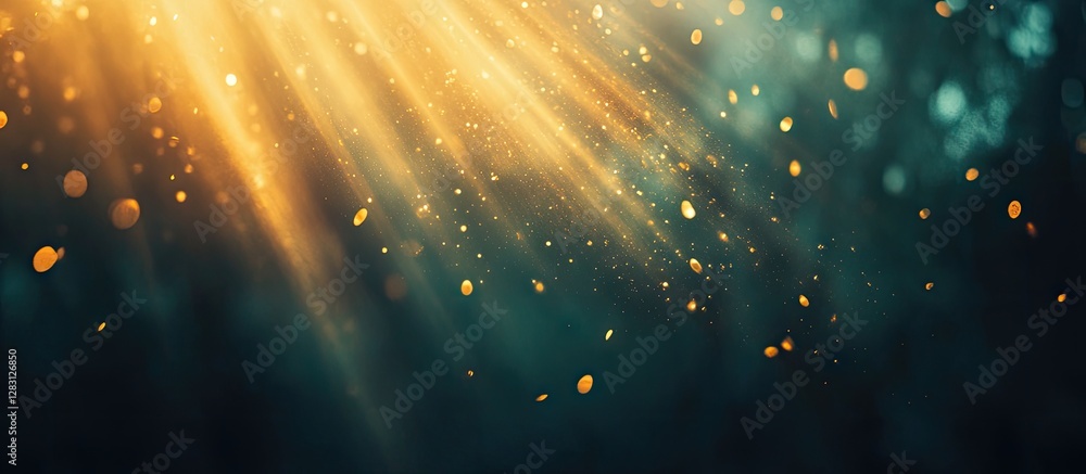 Poster golden sun rays streaming through a dark forest background, creating a dreamy atmosphere with glowin