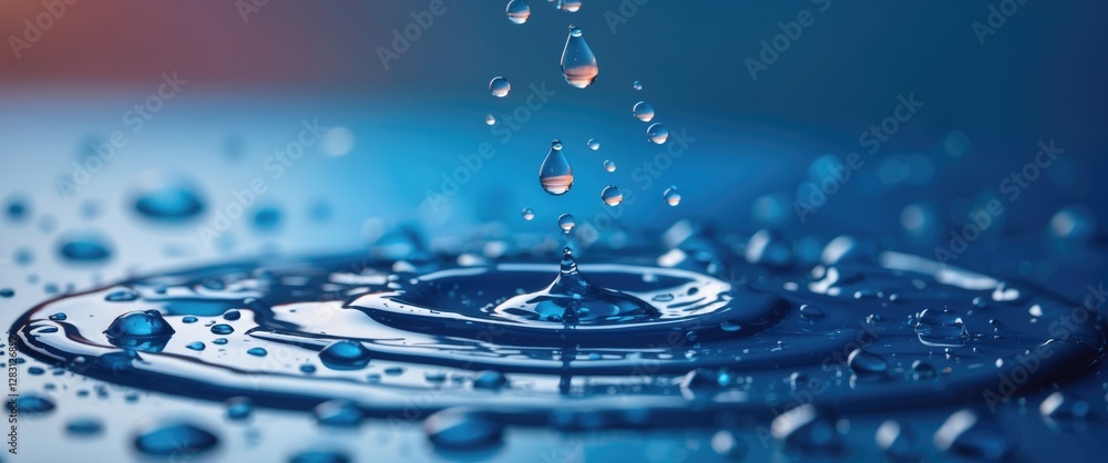 Poster water droplets falling on a calm surface creating ripples with reflections in shades of blue and sof