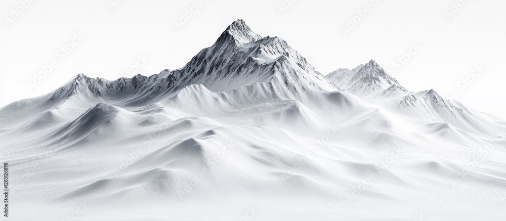 Poster majestic snow-covered mountain range with peaks in the center against a bright white background show