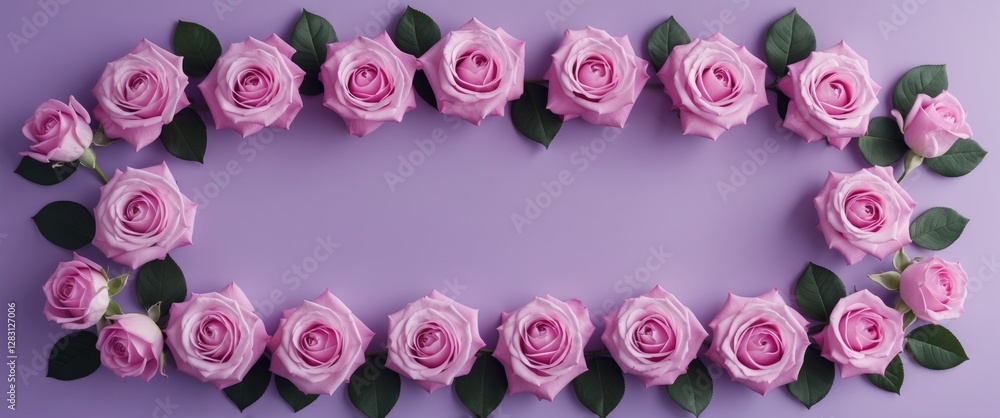 Poster pink roses arranged in a border on a light purple background with space for customizable text or ima