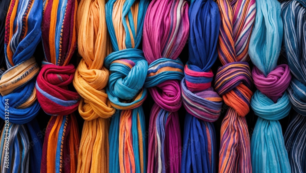 Poster colorful knotted scarves displayed in a row showcasing various textures and patterns in vibrant shad