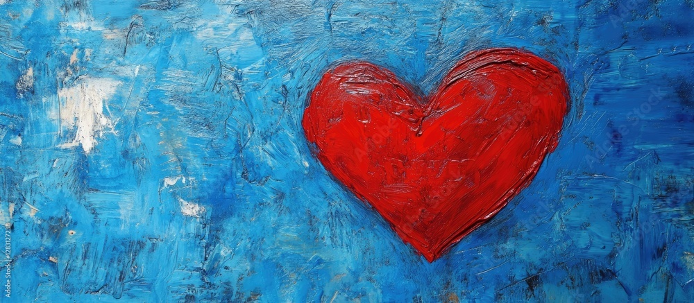 Aufkleber red heart on a vibrant blue background with textured strokes, featuring a central heart shape slight