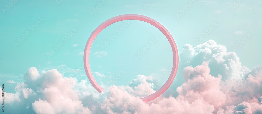 Poster pink circular frame floating in soft pastel clouds with a turquoise sky background, evoking a dreamy
