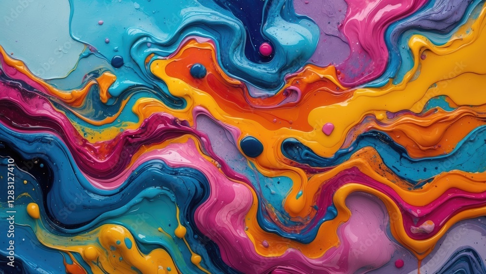 Poster vibrant fluid art displaying colorful abstract swirls and textures with mixed paints in a modern mar