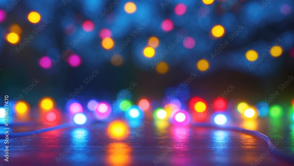 Poster colorful bokeh background with vibrant lights in various hues on a reflective surface creating a fes