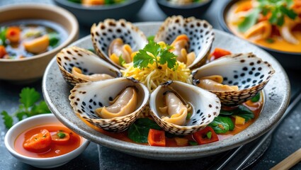 Elegant presentation of spotted babylon mollusks served on a gourmet dish garnished with fresh herbs and colorful vegetables.