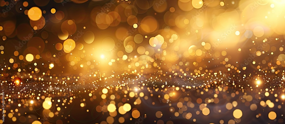 Poster golden bokeh background with twinkling lights in warm tones creating a shimmering effect and ample c