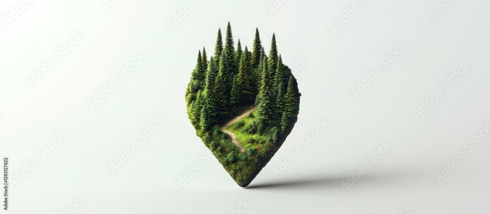 Aufkleber Green heart-shaped forest landscape with pine trees and a winding path in the center, soft focus on a light gray background.
