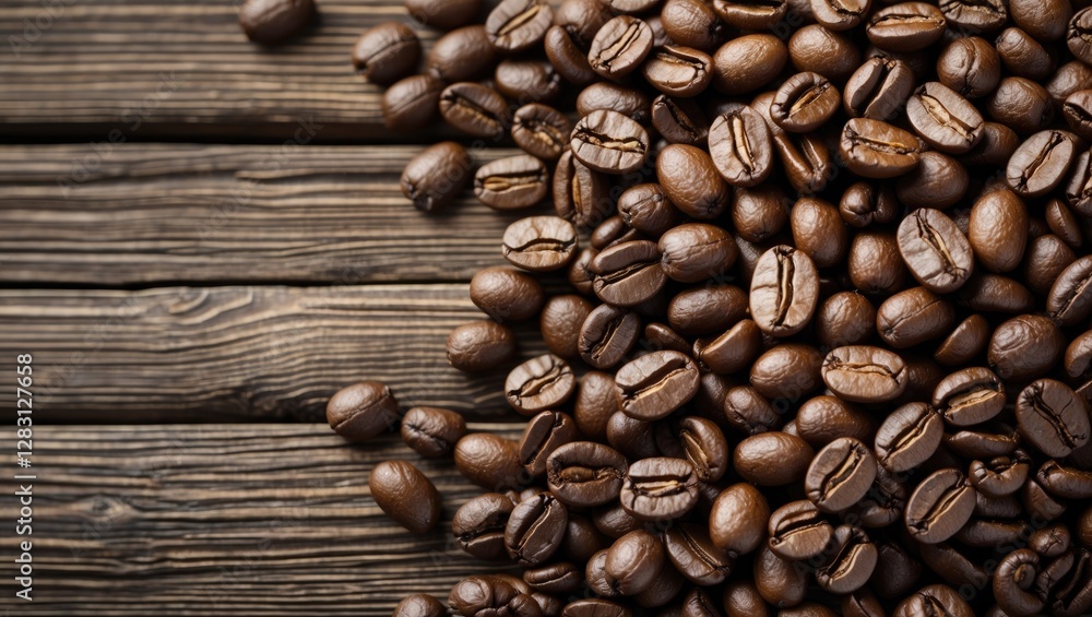 Poster coffee beans scattered over a rustic wooden surface creating a textured background for food and beve