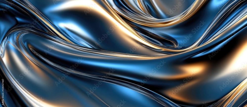 Poster flowing blue and gold marbled texture with smooth curving lines creates an abstract luxurious backgr