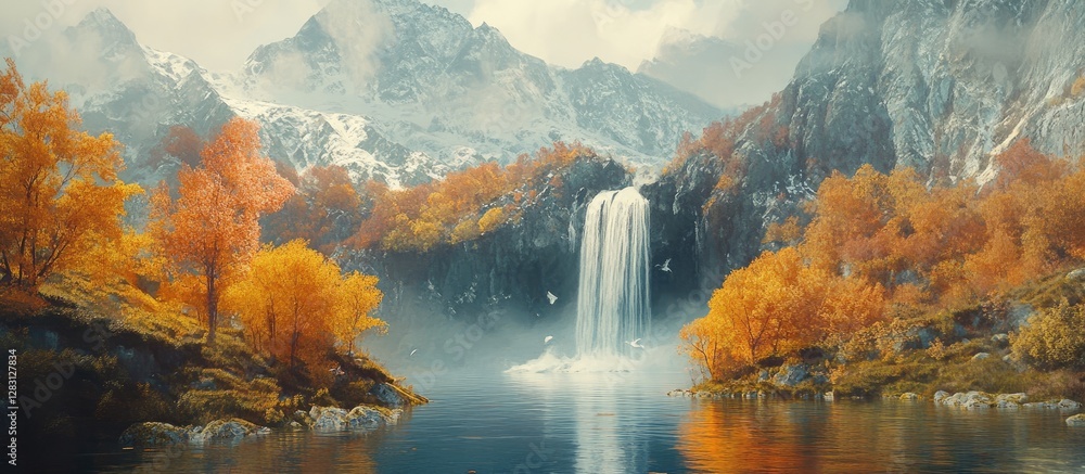 Poster serene autumn waterfall cascading into a tranquil mountain river surrounded by vibrant orange and go