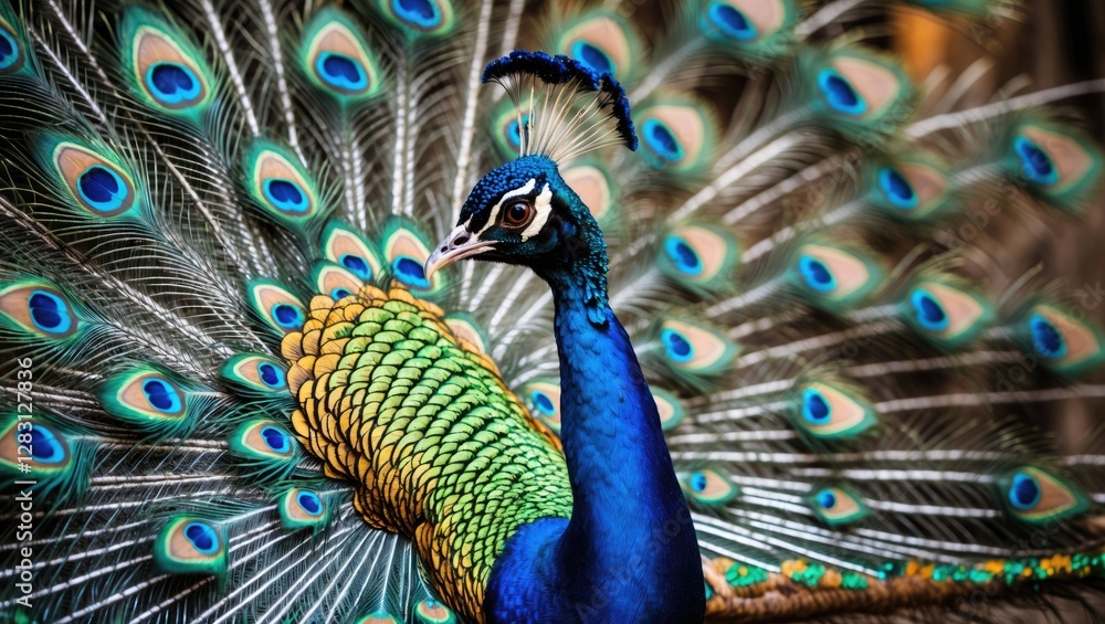 Poster peacock displaying vibrant plumage with intricate feather patterns in rich colors and detail