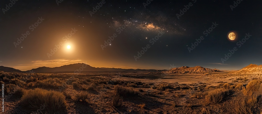 Aufkleber close-up of moon and venus against a dark starry sky with a glowing milky way and illuminated terrai