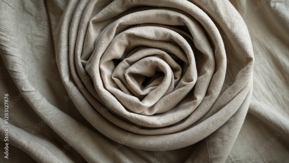 Aufkleber linen fabric rolled into a spiral shape on a smooth background in soft neutral tones