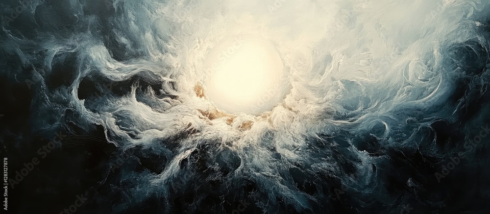 Poster abstract celestial backdrop featuring a radiant white sun at the center surrounded by swirling dark 