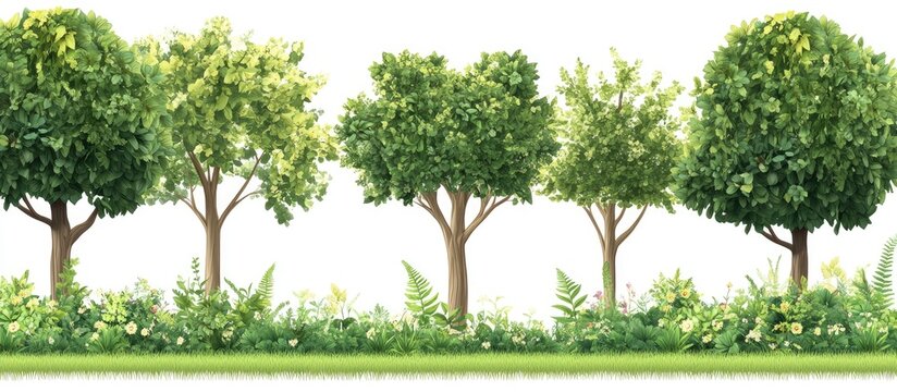 Lush green trees with varying heights arranged in a row on a white background surrounded by light greenery and colorful flowers at the base.