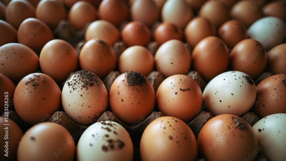 Poster assorted brown and white eggs arranged in rows on a carton background with dirt spots on some eggs i