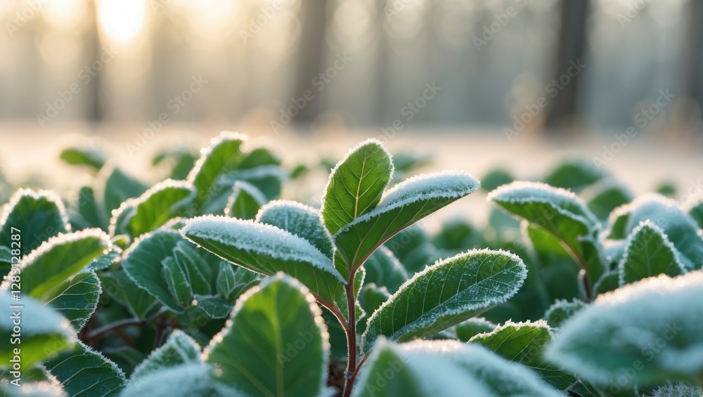 Sticker frosted green leaves in early winter sunlight with a soft focus background creating a tranquil natural atmosphere