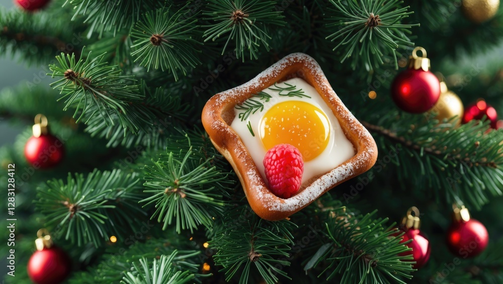 Aufkleber christmas tree branch adorned with festive ornaments and a decorative cookie featuring an egg and ra